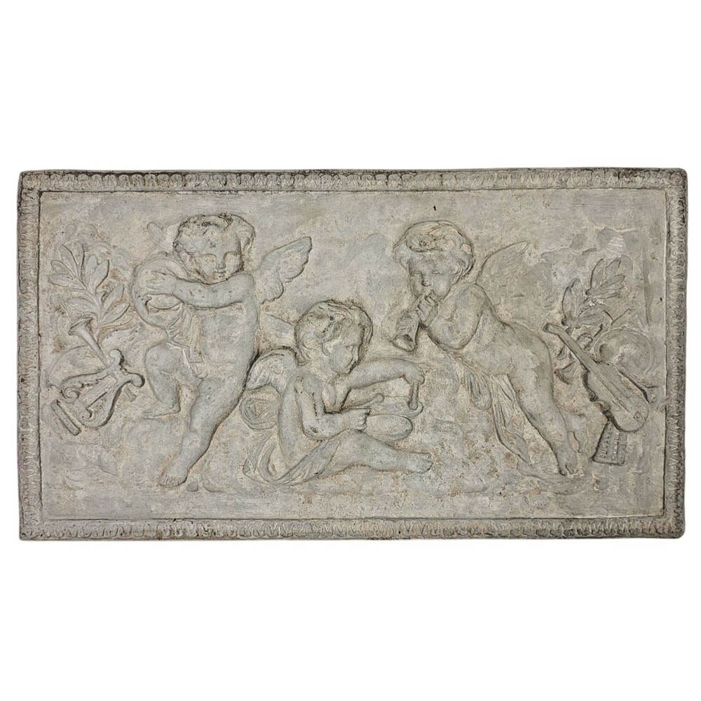 Antique French Neoclassical 3D Chalkware Plaster Relief Cherubim Wall Plaque
